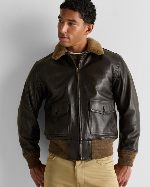 Quince Blue Shearling Collar Leather Flight Jacket for men