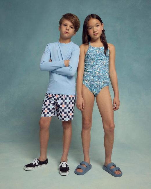 Quince Blue Sunsafe Rash Guard & Swim Trunks Set, Recycled Polyester