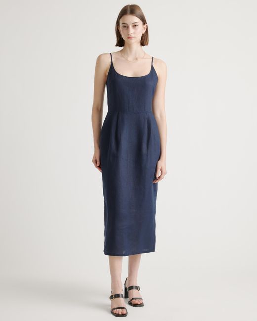 Quince Blue 100% European Linen Scoop Neck Midi Dress