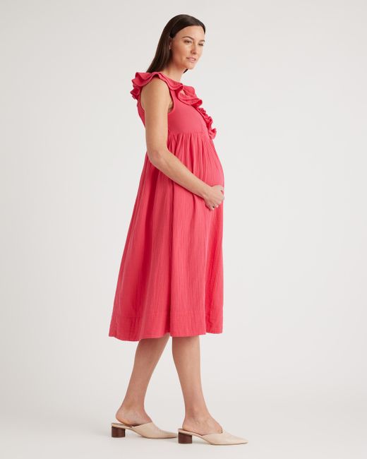 Quince Red Gauze Maternity Ruffle Front Dress, Organic Cotton