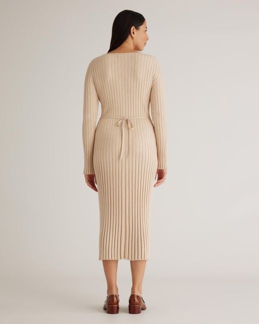 Quince Natural Cotton Cashmere Ribbed Long Sleeve V-Neck Midi Dress