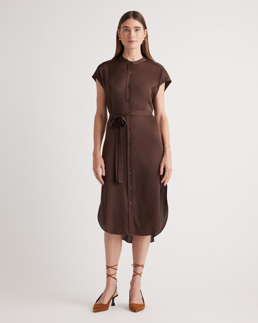 Quince Brown Washable Stretch Silk Midi Shirt Dress, Mulberry Silk