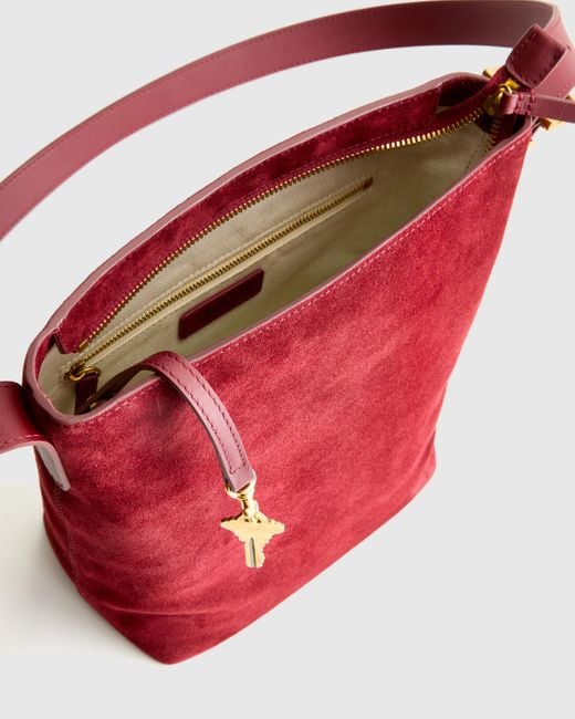 Quince Red Italian Suede Bucket Crossbody, Suede Leather