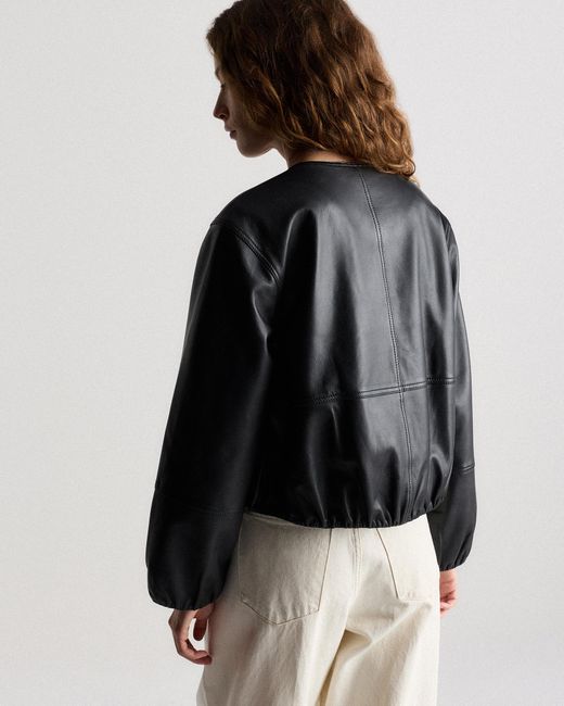 Quince Black Collarless Cropped Bubble Hem Jacket, Leather