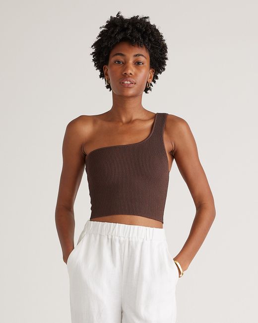 Quince Brown Cropped One Shoulder Ribbed Knit Tank Top, Recycled Nylon/Polyester/Spandex