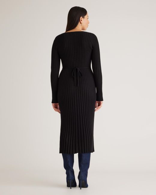 Quince Black Cotton Cashmere Ribbed Long Sleeve V-Neck Midi Dress