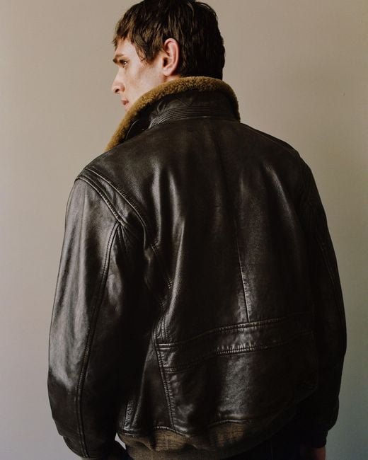 Quince Blue Shearling Collar Leather Flight Jacket for men