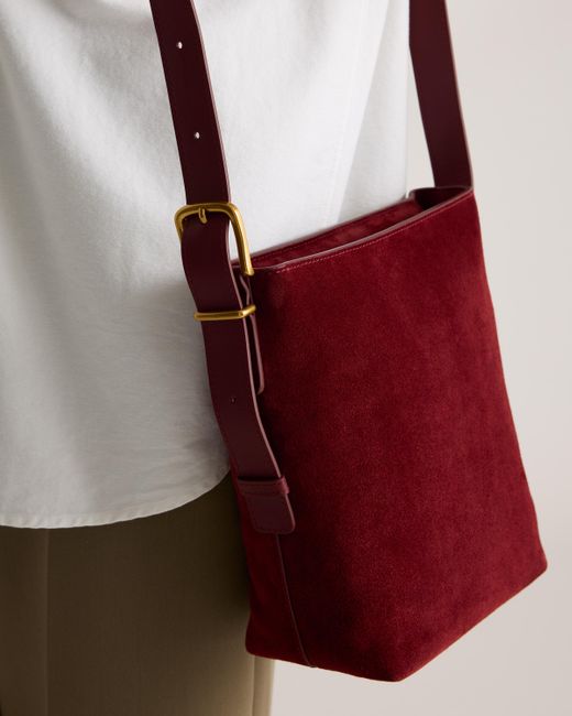 Quince Red Italian Suede Bucket Crossbody, Suede Leather
