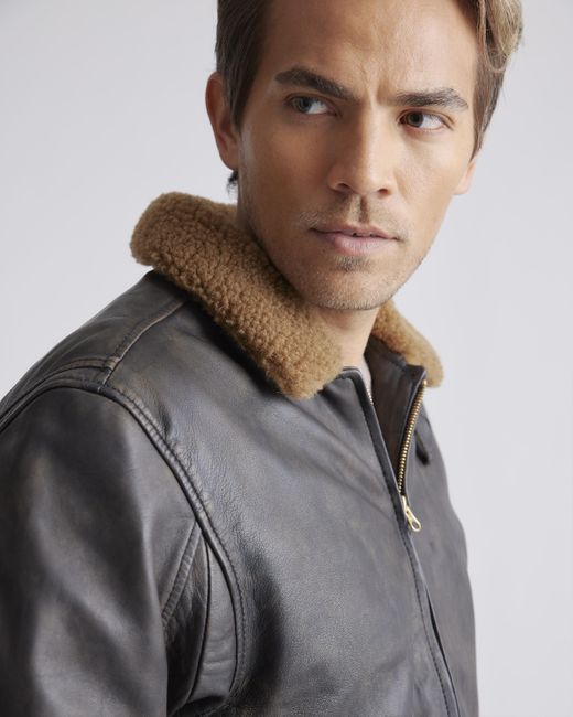 Quince Black Shearling Collar Leather Flight Jacket for men