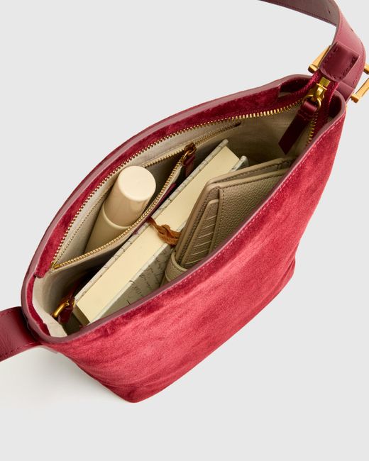 Quince Red Italian Suede Bucket Crossbody, Suede Leather