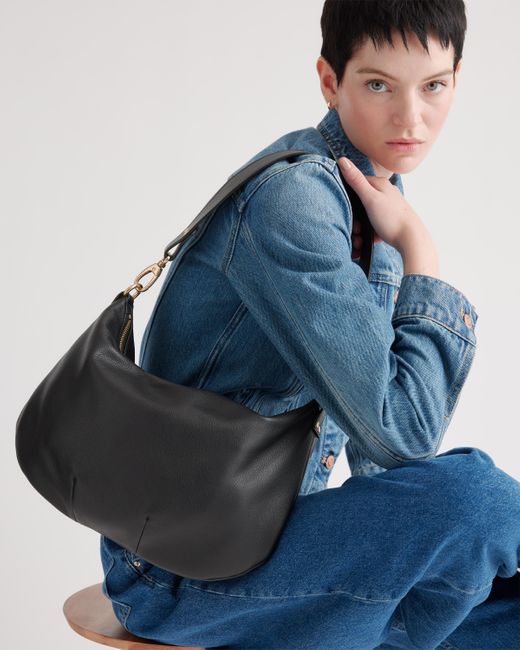 Quince Black Italian Leather Convertible Crescent Shoulder Bag