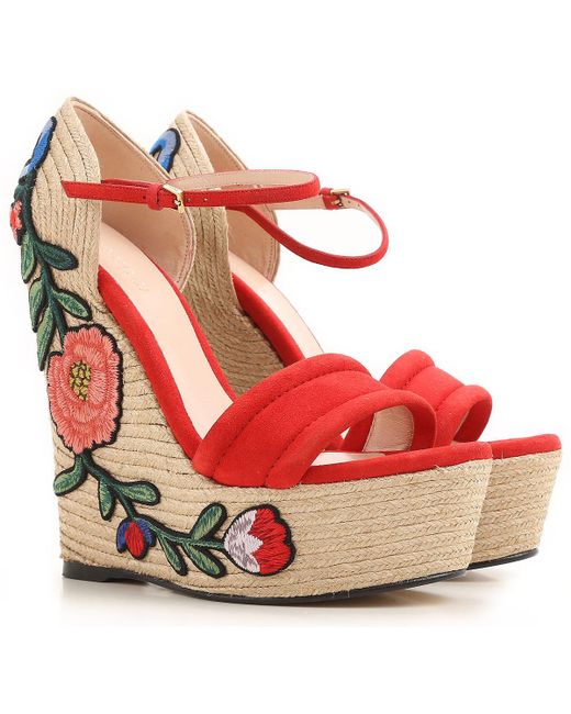 Gucci Embroidered Suede Platform Espadrille in Red - Save 35% | Lyst