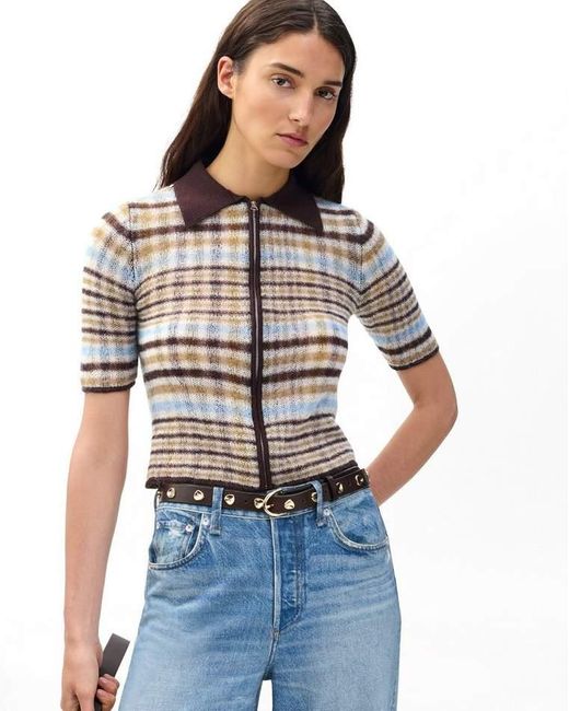 Rag & Bone White Leva Plaid Zip Polo Sweater