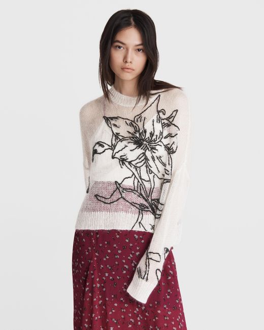 Rag & Bone White Flower Wool Crew Relaxed Fit Sweater