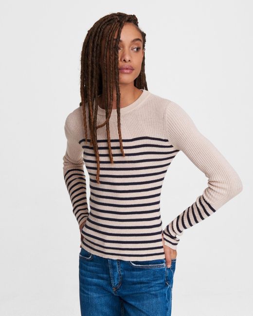 Rag & Bone Blue Kate Striped Cotton Cashmere Long Sleeve Slim Fit Sweater