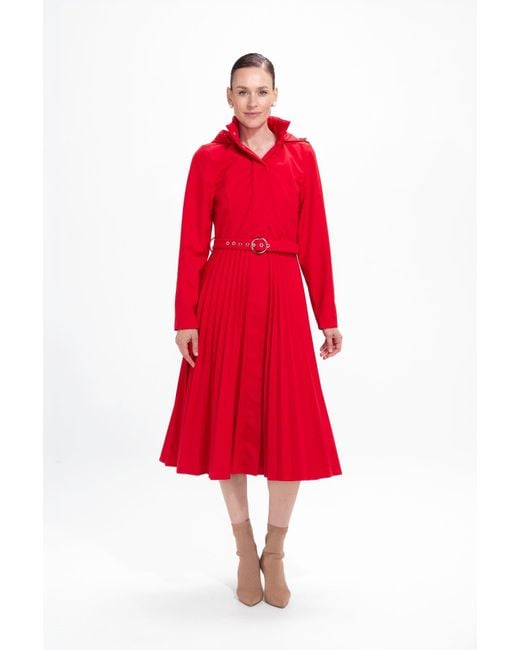 RainSisters Red Fit And Flare A-Line Coat With Pleated Skirt