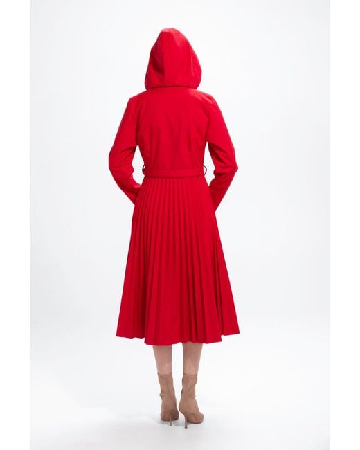 RainSisters Red Fit And Flare A-Line Coat With Pleated Skirt