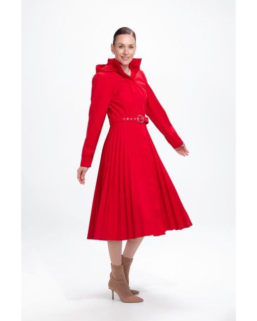 RainSisters Red Fit And Flare A-Line Coat With Pleated Skirt
