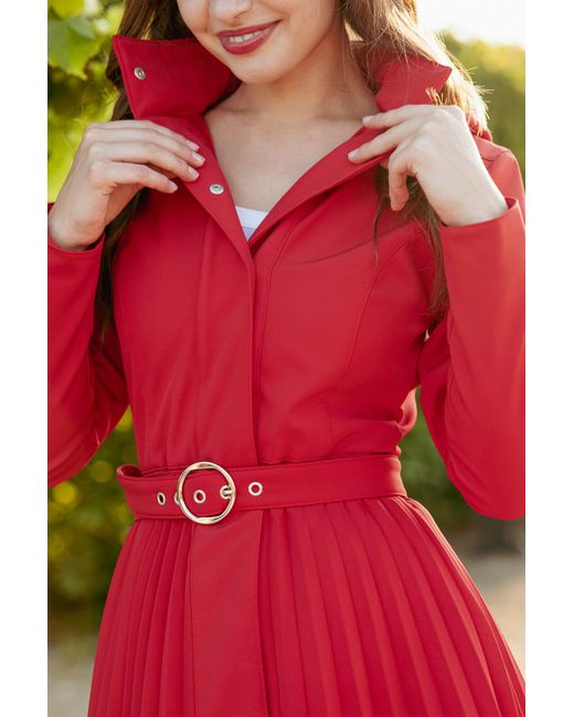 RainSisters Red Fit And Flare A-Line Coat With Pleated Skirt