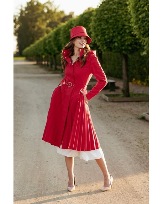 RainSisters Red Fit And Flare A-Line Coat With Pleated Skirt