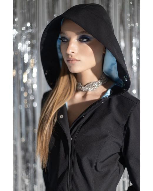 RainSisters Black Fit And Flare Coat With Full Circle Skirt And Sapphire Lining