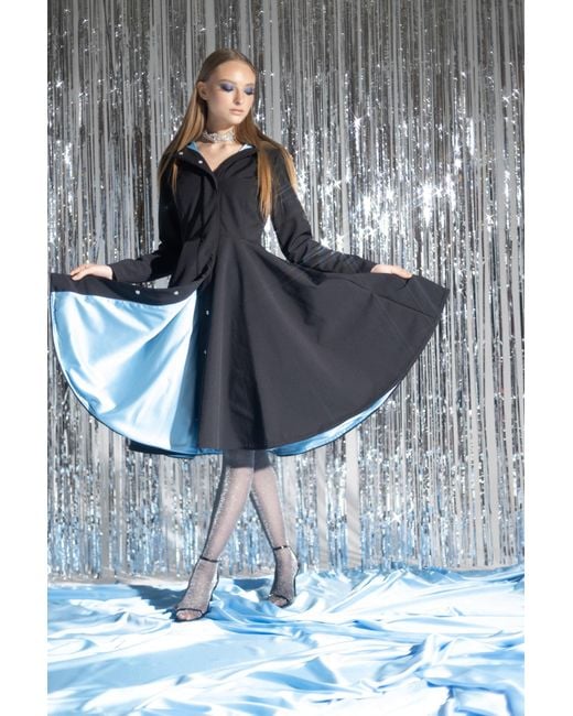 RainSisters Black Fit And Flare Coat With Full Circle Skirt And Sapphire Lining