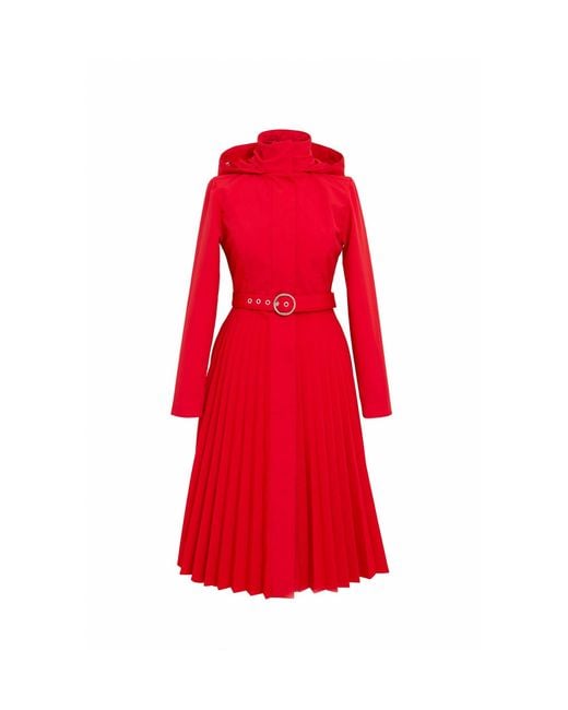 RainSisters Red Fit And Flare A-Line Coat With Pleated Skirt
