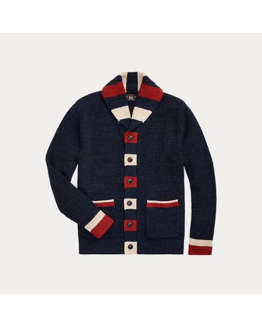 RRL Blue Striped-trim Cotton-wool Cardigan for men