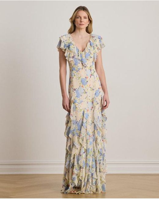 Ralph Lauren White Floral Ruffle-Trim Georgette Gown