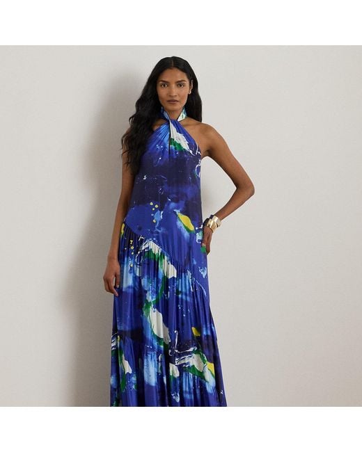 Ralph Lauren Abstract-Print Shantung Halter Gown in Blue | Lyst