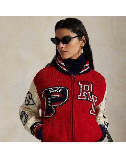 Polo Ralph Lauren Red Wool-Blend Zip Letterman Cardigan