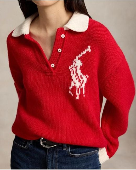 Polo Ralph Lauren Red Big Pony Wool Rugby Jumper