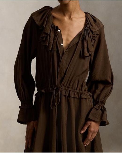 Polo Ralph Lauren Brown Ruffled Blouson Crepe Dress