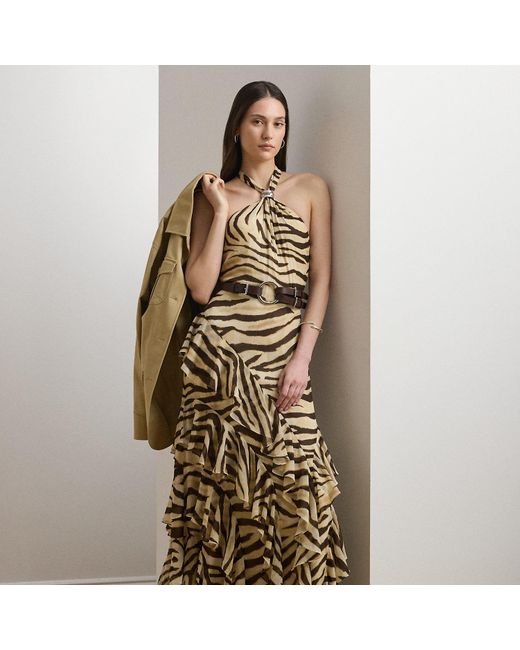 Ralph Lauren Metallic Zebra-Print Ruffle-Trim Georgette Gown