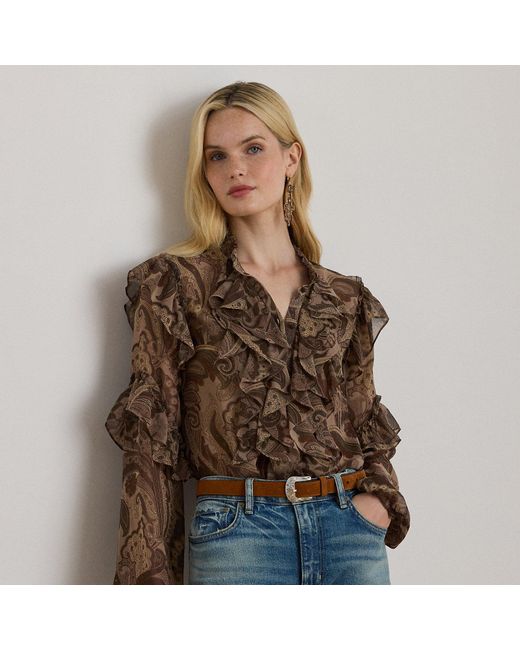 Ralph Lauren Brown Paisley Ruffle-Trim Chiffon Blouse