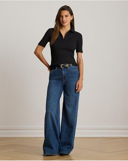 Ralph Lauren Black Rib-Knit Elbow-Sleeve Polo Tee