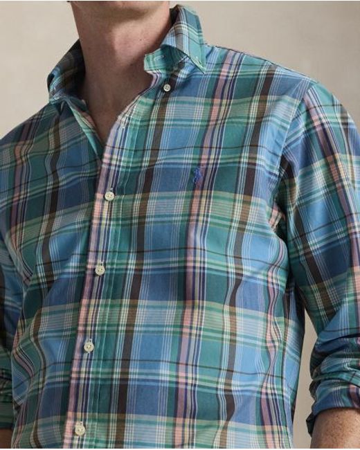 Polo Ralph Lauren Blue Custom Fit Plaid Poplin Shirt for men