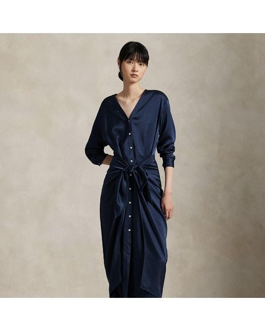 Polo Ralph Lauren Blue Satin Tie-Front Wrap Shirtdress