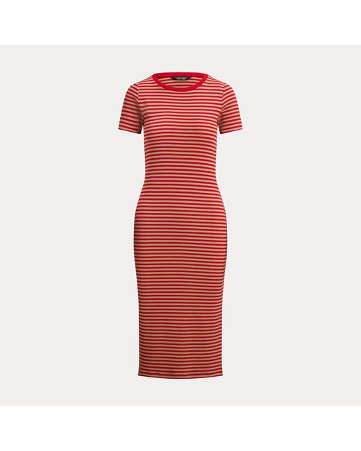 Ralph Lauren Red Striped Cotton-Blend Rib-Knit Tee Dress