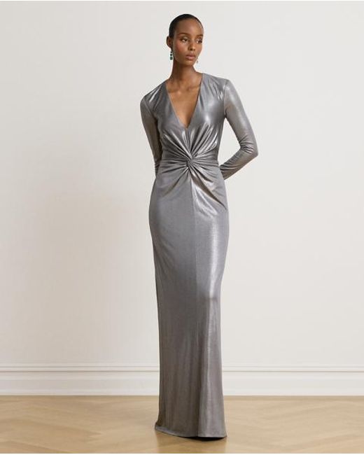 Ralph Lauren Gray Twist-Front Metallic Stretch Jersey Gown