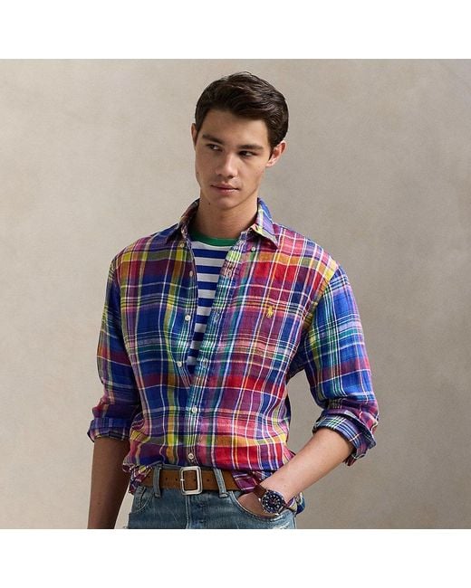 Camicia in lino scozzese Classic-Fit di Ralph Lauren in Blue da Uomo