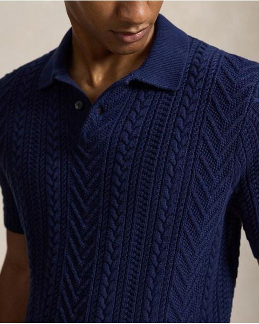 Polo Ralph Lauren Blue Aran-Knit Cotton Polo-Collar Sweater for men