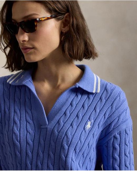 Ralph Lauren Blue Cable-Knit Polo-Collar Sweater