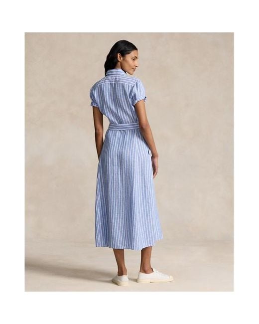 Ralph Lauren Blue Belted Striped Linen Shirtdress