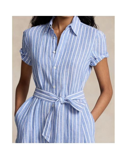 Ralph Lauren Blue Belted Striped Linen Shirtdress
