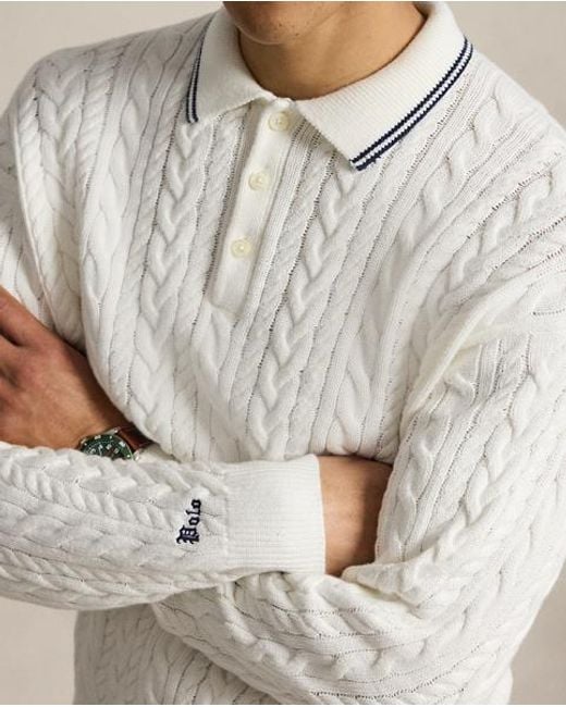 Polo Ralph Lauren White Relaxed Fit Cable Polo-Collar Jumper for men