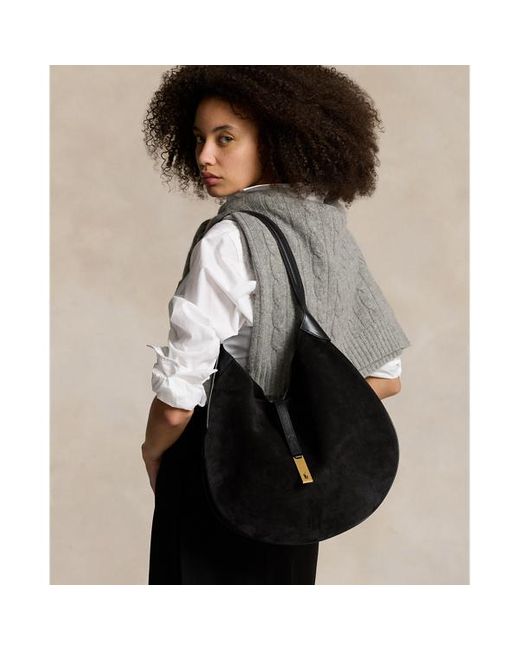 Polo Ralph Lauren Black Polo Id Suede Large Shoulder Bag