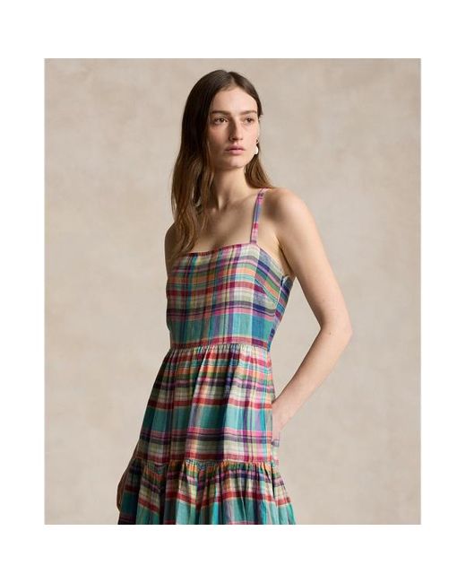 Polo Ralph Lauren Brown Plaid Linen Midi Dress