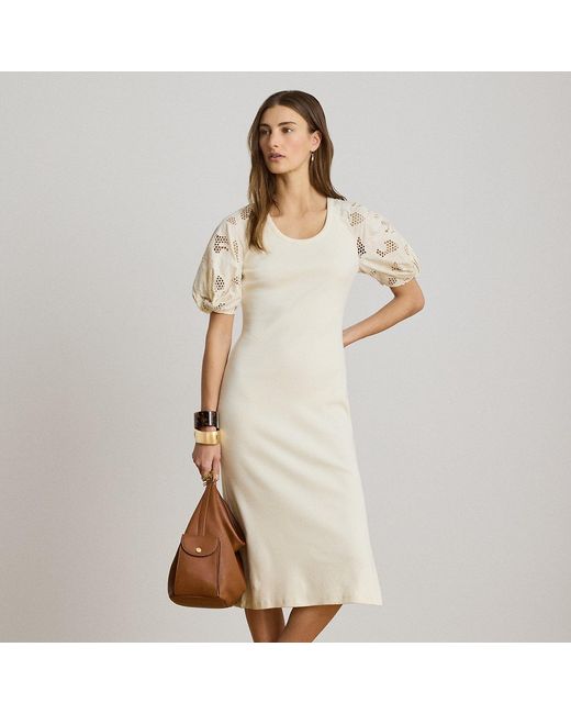 Ralph Lauren Natural Rib-Knit Cotton Eyelet-Puff-Sleeve Dress