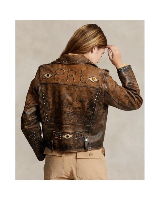 Polo Ralph Lauren Brown Studded Leather Moto Jacket